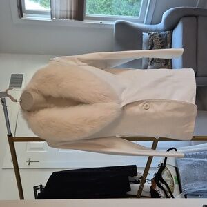 White Leather Jacket Fox Fur Collar Finland Removable Luxury Coat Size S